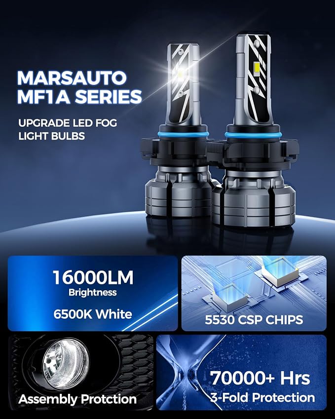 Marsauto 5202 LED Fog Light Bulbs, 700% Brightness 16000LM, 6500K White 5201 PS24W 5202 LED Bulb for Fog Lights, Non-Polarity 70000 HRS Lifespan 5202 Fog Light Bulbs for Car,Tire Light Assemblies