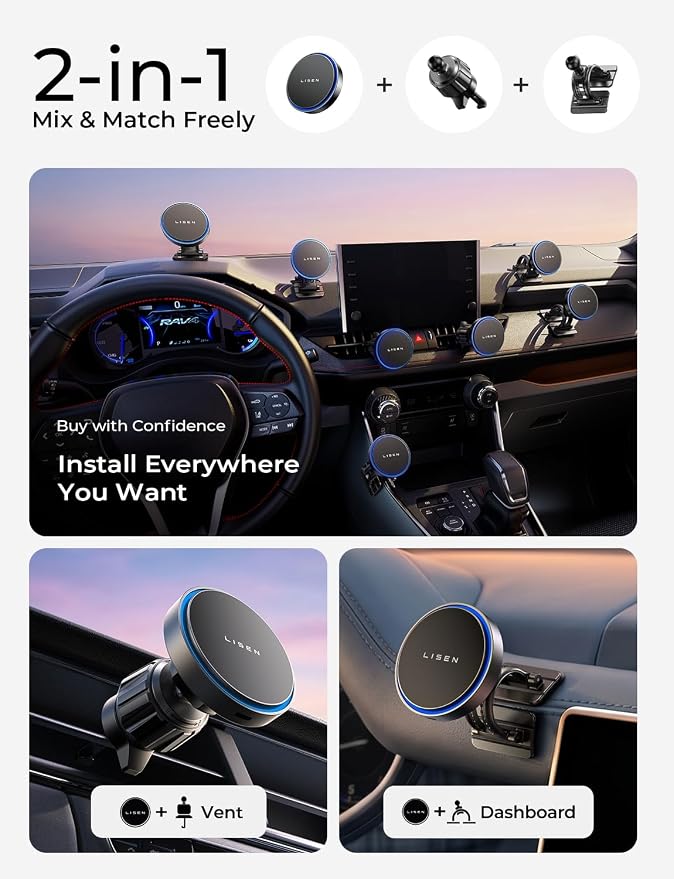 LISEN for 15W MagSafe Car Mount Charger, Magnetic Wireless Car Charger, Dashboard & Air Vent Magnetic Phone Holder for Your Car Phone Holder, Jeep Ford F150 Accessories for iPhone 17-12,Samsung, Pixel