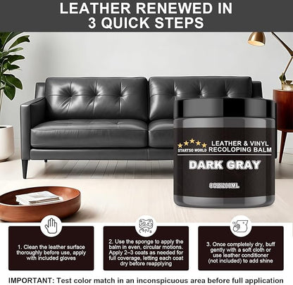 STARTSO WORLD Leather Recoloring Balm, Dark Gray Leather Repair Kit for Furniture, Leather Dye, Leather Color Restorer for Couches, Leather Couch Paint | Repair, Restore & Renew Old, Faded Leather