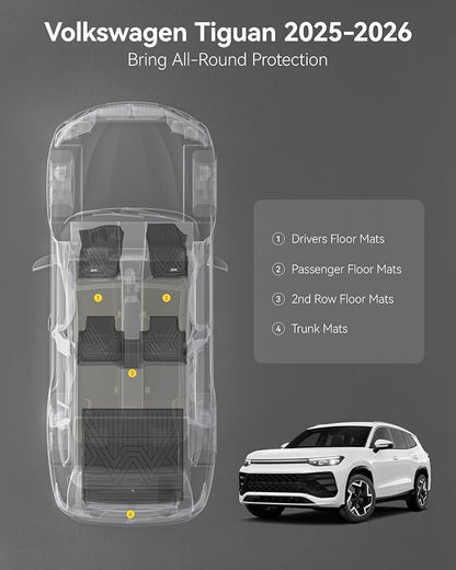 3W Floor Mats & Cargo Liner for Volkswagen Tiguan 2025 2026, All-Weather Protection TPE Car Mats 2 Rows Full Set for VW Tiguan Accessories, Black