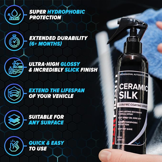 Carfidant Ceramic Silk - Ceramic Coating Spray - High Gloss, Hydrophobic Protection & Chemical Resistance for Cars, RVs & Boats - Long-Lasting Shine & Durability for Exterior Detailing - 16.9 fl. Oz.