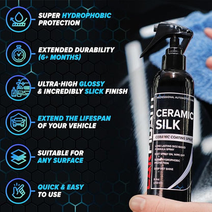Carfidant Ceramic Silk - Ceramic Coating Spray - High Gloss, Hydrophobic Protection & Chemical Resistance for Cars, RVs & Boats - Long-Lasting Shine & Durability for Exterior Detailing - 16.9 fl. Oz.