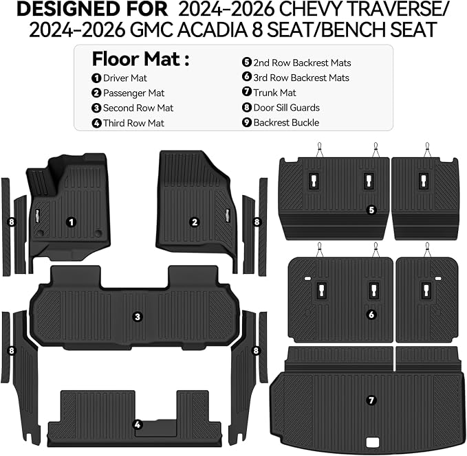 Floor Mats for 2024-2026 Chevy Traverse/2024-2026 GMC Acadia 8 Seat/Bench Seats, Trunk Mat and Backrest Mat & Door Sill Guard All Weather TPE Protector for Chevrolet Traverse Accessories