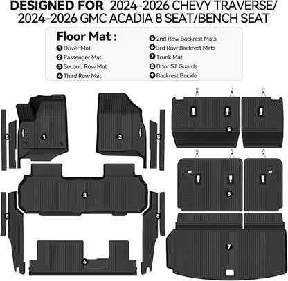Floor Mats for 2024-2026 Chevy Traverse/2024-2026 GMC Acadia 8 Seat/Bench Seats, Trunk Mat and Backrest Mat & Door Sill Guard All Weather TPE Protector for Chevrolet Traverse Accessories