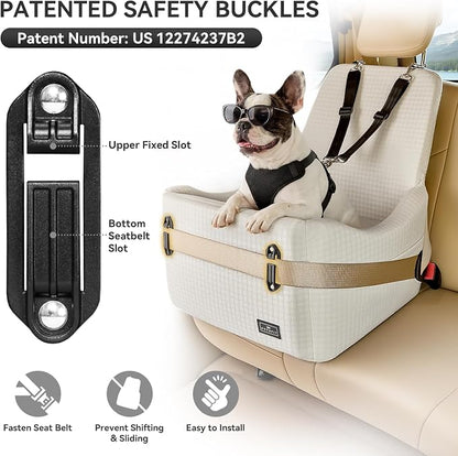 PETSFIT Dog Booster Car Seat for Small/Medium Dogs Up to 35 lbs – Patented Safety System, 5" Memory Foam Pet Car Seat, Fully Detachable and Washable Cover, Front/Back Seat Travel Booster (Beige)