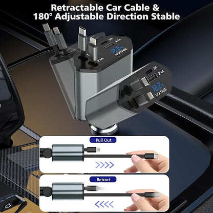 66W Retractable Car Charger,CarCharger Fast Charging 4 in 1 Car Phone Charger Retractable USB C Cable,Type C to Lightning Cord,USB C Port and USB A Port Fast Charging for iPhone 16/15/14,iPad