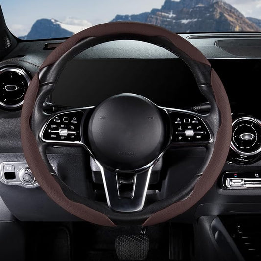 Car Steering Wheel Cover Leather Snap On 3Pcs Set Non-Slip Protector Wrap Steering Wheel Accessories 14.5-15 inch Universal Brown