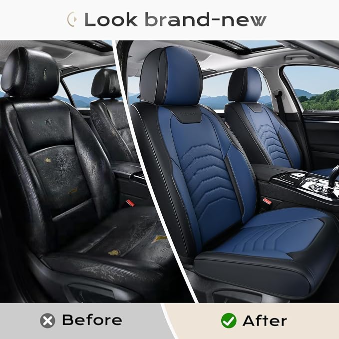Coverado Leather Seat Covers, Car Seat Covers Front Seats, Waterproof Seat Covers for Cars, Faux Leather Automotive Seat Covers Universal Seat Covers Protector Fit for Most Cars Trucks SUV, Black&Blue