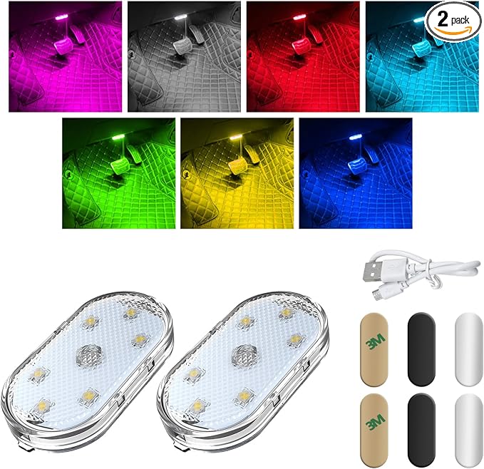Wevdn 2 PCS Car LED Lights Interior Wireless, Magnetic Car Ambient Lighting with 6 Bright LED Lamp Beads, Portable USB Rechargeable Vehicle Interior Led Night Light for Car (Colorful)