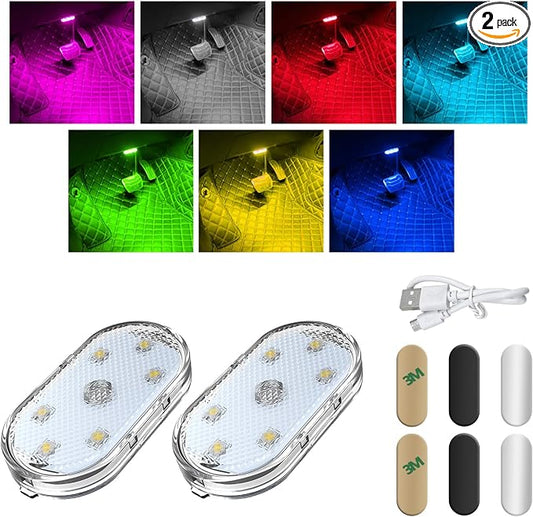 Wevdn 2 PCS Car LED Lights Interior Wireless, Magnetic Car Ambient Lighting with 6 Bright LED Lamp Beads, Portable USB Rechargeable Vehicle Interior Led Night Light for Car (Colorful)