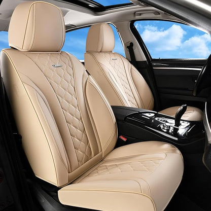Coverado Car Seat Covers Front Seats, Beige Seat Covers, Breathable Perforated Design, Luxurious Diamond Leather Car Seat Cover, 2 Pack Car Seat Protector Front Seat Cover Universal Fit Most Cars