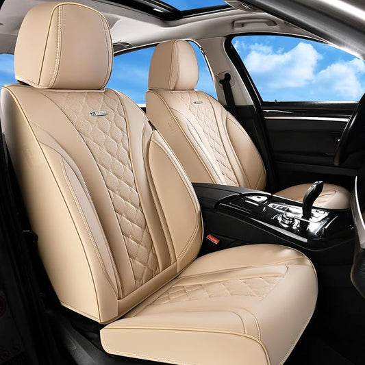 Coverado Car Seat Covers Front Seats, Beige Seat Covers, Breathable Perforated Design, Luxurious Diamond Leather Car Seat Cover, 2 Pack Car Seat Protector Front Seat Cover Universal Fit Most Cars