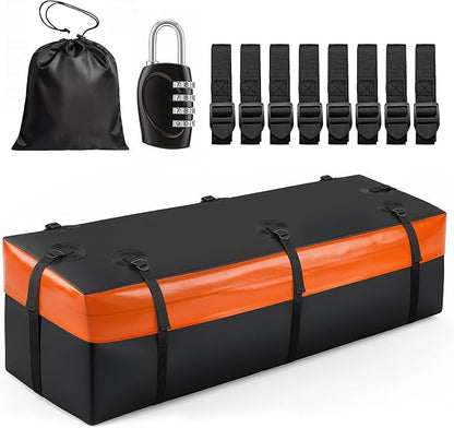 Forluck Waterproof Hitch Mount Cargo Carrier Bag, 15 Cubic Feet Soft Shell Travel Storage Bag (58"x19"x24"), Heavy Duty PVC with 8 Reinforced Straps, Combination Lock & Storage Bag for Truck SUV RV