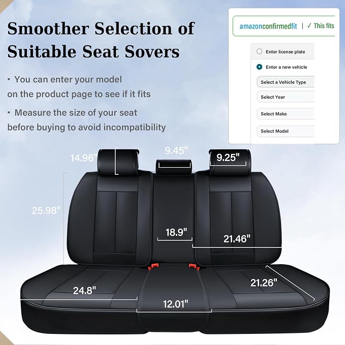 Coverado Dog Car Seat Cover for Back Seat Cover, Black Rear Car Seat Covers, 3-Pieces Waterproof Car Seat Cushion, Car Seat Protector, Leather Seat Cover Seat Protector Universal Fit Most Cars