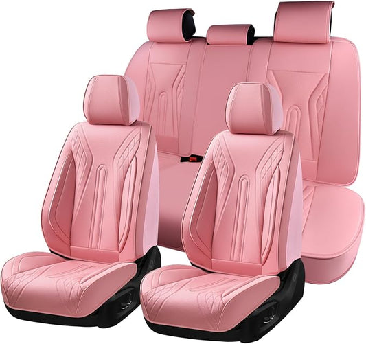 Huidasource Car Seat Covers Full Set, Universal Fit for Most Cars SUV Trucks, Full Coverage Nappa Leather Seat Cover, Airbag, Cupholder Compatible, Velcro Adjustable, Seat Function Retain, Pink