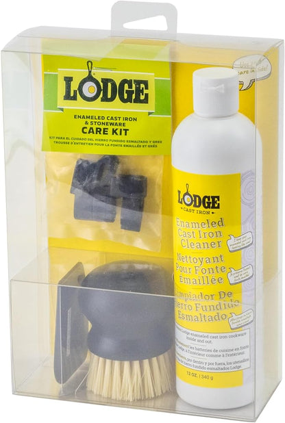 Lodge Enameled Cast Iron & Ceramic Stoneware Cleaner Care Kit - Set Includes 11oz Cleaner, Black Pan Scraper, Scrub Brush, Package of Pot Protectors, and Use & Care Booklet - 5 Piece Set