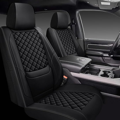 Ram Seat Covers 2009-2018 Full Set, Truck Interior Sets with Lumbar Support Custom Fit for Dodge Ram 1500/2500/3500 Crew/Quad/Mega Cab with Rear Curved Bench, Black
