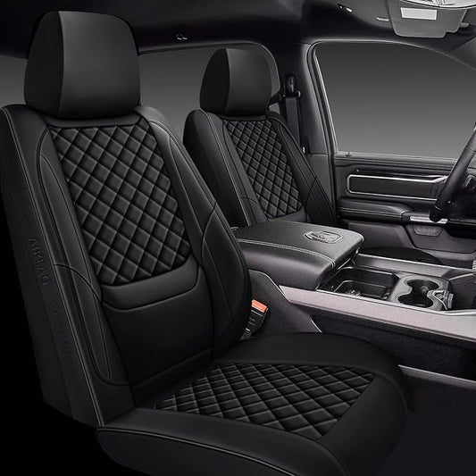 Ram Seat Covers 2019-2026 Front Pair, Truck Interior Sets with Lumbar Support Custom Fit for Dodge Ram 1500/2500/3500 Crew/Quad/Mega Cab Bighorn Longhorn Laramie Tradesman Rebel, Black