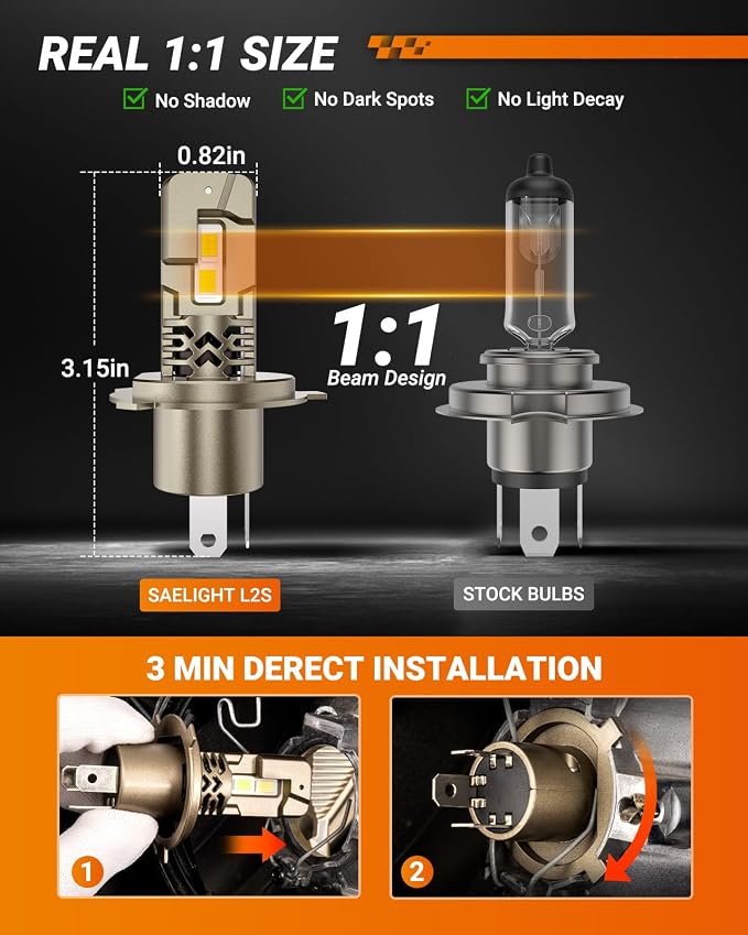 SEALIGHT H4/9003 LED Bulbs Super Bright, 50,000LM Output with 6500K White, 9003/H4 Driving Lights IP68 Waterproof, Canbus Ready Direct Fit, Plug-N-Play, Pack of 2