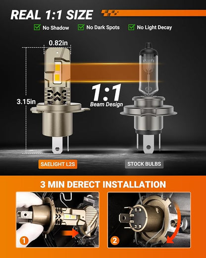 SEALIGHT H4/9003 LED Bulbs Super Bright, 50,000LM Output with 6500K White, 9003/H4 Driving Lights IP68 Waterproof, Canbus Ready Direct Fit, Plug-N-Play, Pack of 2