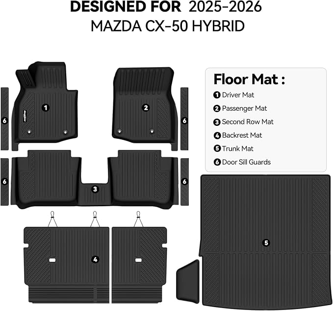 Floor Mats for Mazda CX-50 Hybrid 2025 2026 (Not for Gas), Trunk Mat and Backrest Mat & Door Sill Guard All Weather TPE Protector for Mazda CX-50 Hybrid Accessories Floor Liner