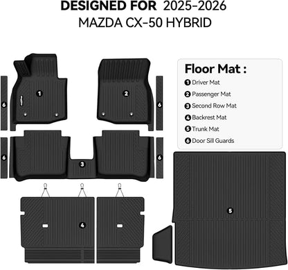 Floor Mats for Mazda CX-50 Hybrid 2025 2026 (Not for Gas), Trunk Mat and Backrest Mat & Door Sill Guard All Weather TPE Protector for Mazda CX-50 Hybrid Accessories Floor Liner