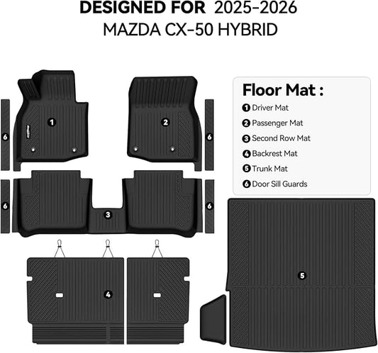 Floor Mats for Mazda CX-50 Hybrid 2025 2026 (Not for Gas), Trunk Mat and Backrest Mat & Door Sill Guard All Weather TPE Protector for Mazda CX-50 Hybrid Accessories Floor Liner