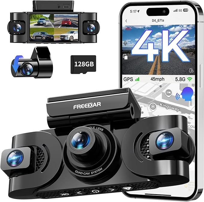 4K 360° Dash Cam, 4-Channel Dash Camera for Cars, Full Coverage Front Rear Left Right Inside with GPS, 5.8GHz Wi-Fi & App, Night Vision, Voice Control, 24H Parking Mode, 128GB Card Included