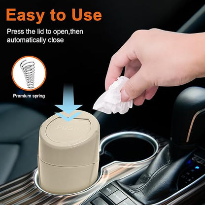 Car Trash Can, 2 Packs Mini Car Garbage Can Cup Holder with Lid | Leakproof Car Trash Bin with 60 Trash Bags, Vehicle Front Back Seat Organizers and Storage for Car, Home, Office, Beige