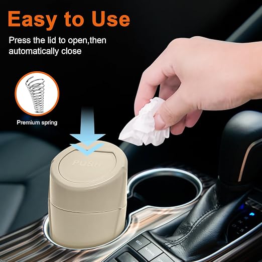 Car Trash Can, Leakproof Mini Car Garbage Can Cup Holder with Lid | Car Door Trash Bin with 20 Trash Bags, Vehicle Front Back Seat Organizers and Storage for Car, Home, Office, Beige