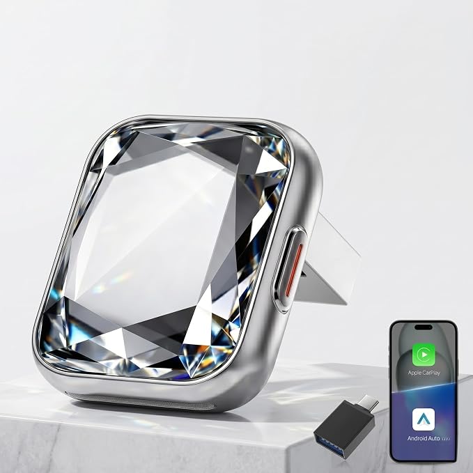 Diamond Wireless CarPlay Adapter for Apple CarPlay & Android Auto, 2-in-1 Mini Crystal Design, Plug & Play, 5G Fast Auto Connect, Stable Low Latency, for Factory Wired CarPlay Cars