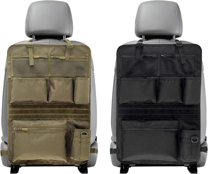 Backseat Car Organizer,Tactical Car Seat Back Organizer, Kick Mats Back Seat Protector with Three Zippered Storage pockets, Travel Accessories with 8 Storage Pockets And DIY zone (Black)
