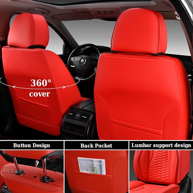 Coverado Car Seat Covers Full Set, Nappa Leather Red Car Seat Covers, Waterproof Automotive Seat Covers for Cars Interior Accessories Universal Fit Most Sedans, SUVs, Pick-up Trucks