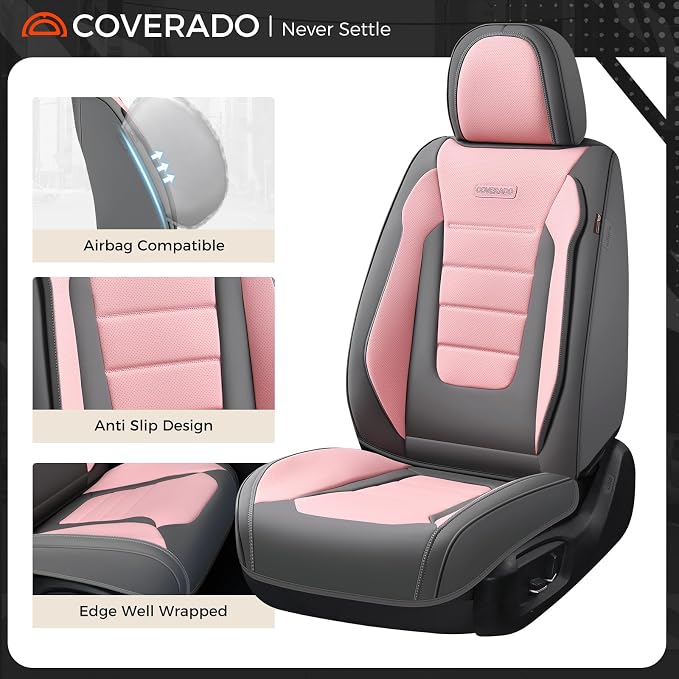 Coverado Car Seat Covers Front, Seat Covers for Cars, Waterproof 2-Pack Car Seat Cushions, Leather Carseat Seat Protectors, Universal Seat Covers Fit for Most Sedans SUV Pick-up Trucks(Gray&Pink)