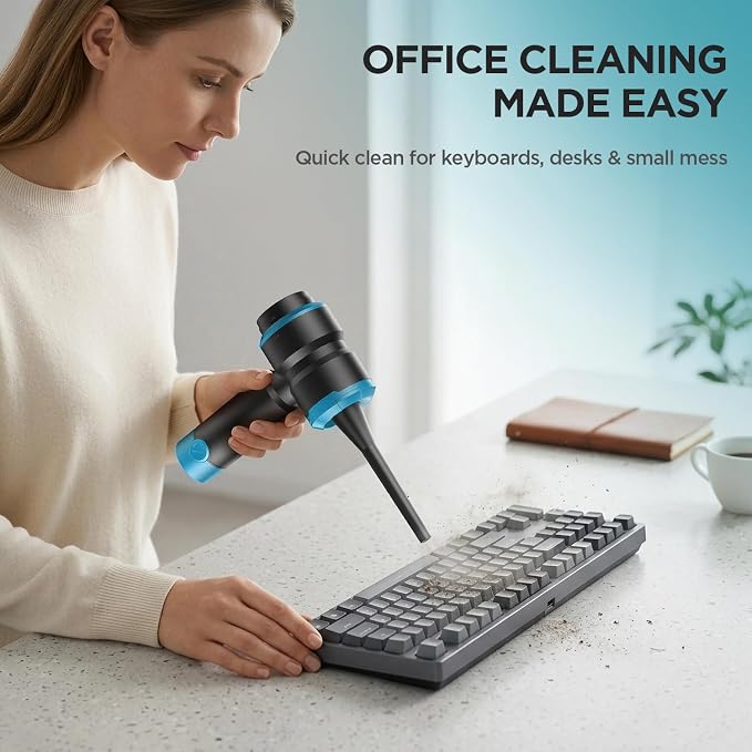 Handheld Car Vacuum Cleaner, 4-in-1 Cordless Rechargeable Mini Vacuum with Air Duster – Quickly Clean Crumbs, Pet Hair & Crevices in Car, Office, Home. Ideal for Commuters & Office Workers (Blue)