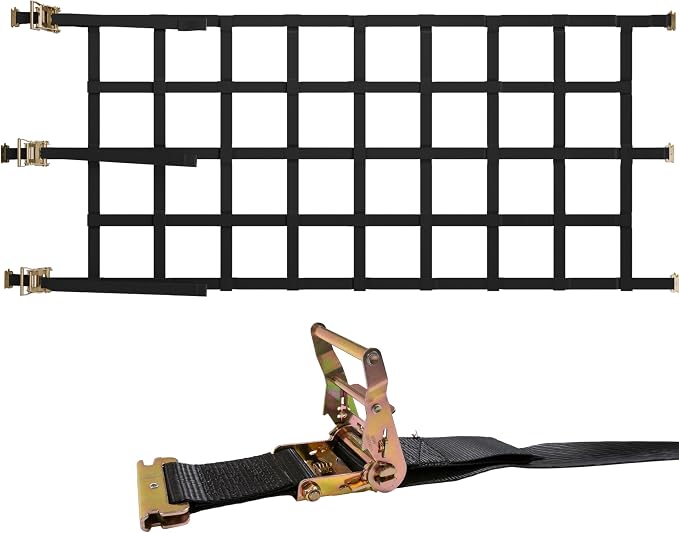 US Cargo Control Heavy Duty Cargo Net with Ratchets and E-Track Fittings, 42 Inches x 82 Inches with 8 Inch by 8 Inch Holes, Adjustable and Durable Truck Cargo Net Used for Large Enclosed Trailers