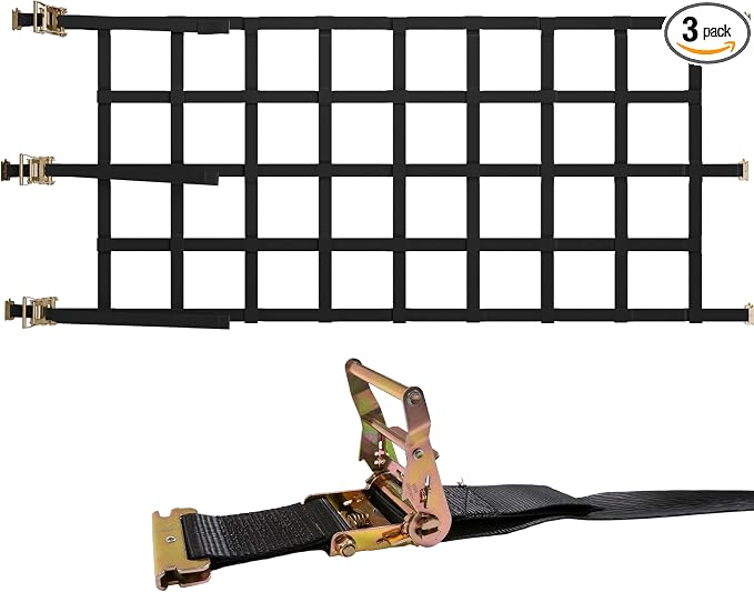 US Cargo Control E Track Cargo Nets for Trailers 82" x 42" (3-Pack), Adjustable Heavy Duty Cargo Net with Ratchets for E-Track and X-Track Systems, 8" x 8" Holes, Use in Enclosed Trailers, Box Trucks