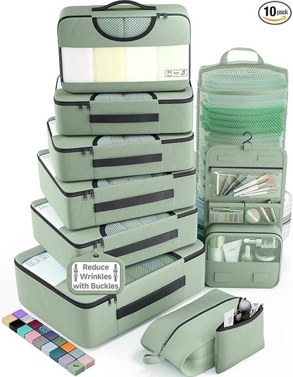 Veken 10 Set Packing Cubes for Travel Essentials,Anti-Wrinkle Buckled Suitcase Organizer for Shoe & Toiletry Bag,Carry On Luggage Bag with 99+ Count Mesh Holes for Airplane & College Dorm Accessories