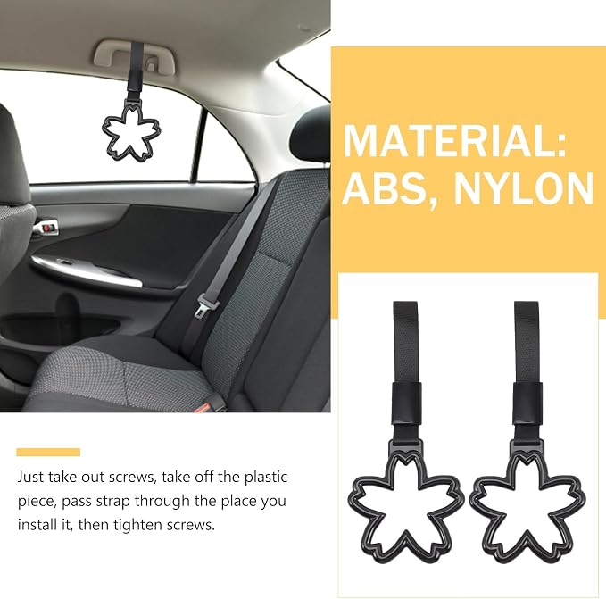 Healeved Cherry Blossom Car Handle Rings 2pcs Black Strap Interior Safety Pull Handles Japanese Automotive Accessories Decorative Warning Rings for Vehicle Safety