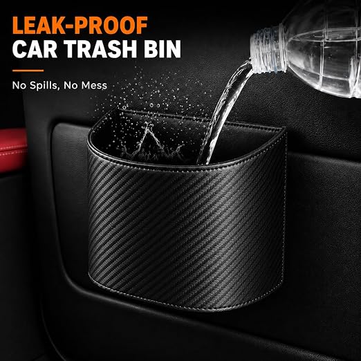 COZILO Leather Car Trash Can – Leakproof & Easy-to-Clean Car Garbage Can for Luxury Cars, SUVs & Trucks | Includes 60 Custom Liners, Secure Hook, Easy Install, Carbon Fiber