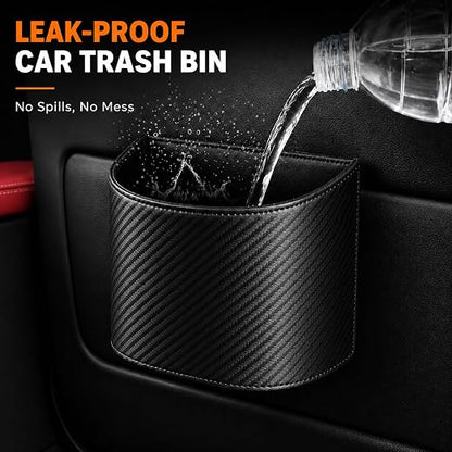 COZILO Leather Car Trash Can – Leakproof & Easy-to-Clean Car Garbage Can for Luxury Cars, SUVs & Trucks | Includes 60 Custom Liners, Secure Hook, Easy Install, Carbon Fiber