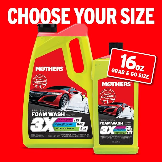 Mothers Triple Action Foam Wash, 16 oz. — pH Balanced, Eco-Friendly, Super-Sudsy, Foam Cannon, Safely Clean Without Stripping Wax, Sealant or Coating, Remove Dirt & Grime, Super Concentrated (05616)