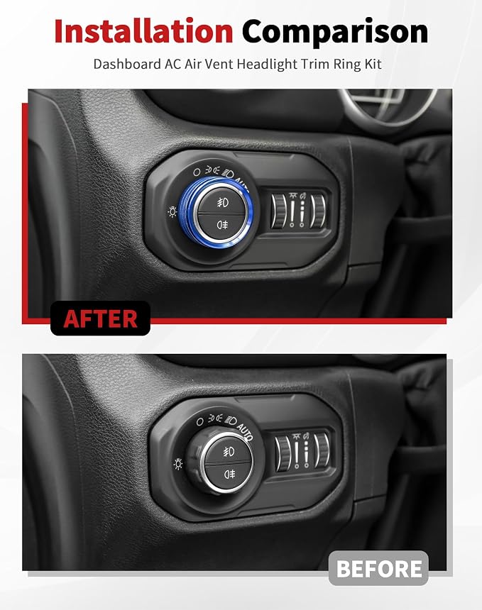 JWWY JL AC Air Vent Trim Rings & Dashboard Headlight Switch Decor Switch Knob Cover Kit Fit for 2018-2023 Jeep Wrangler JL JLU Interior Accessories, Aluminum Alloy 8PCS Blue