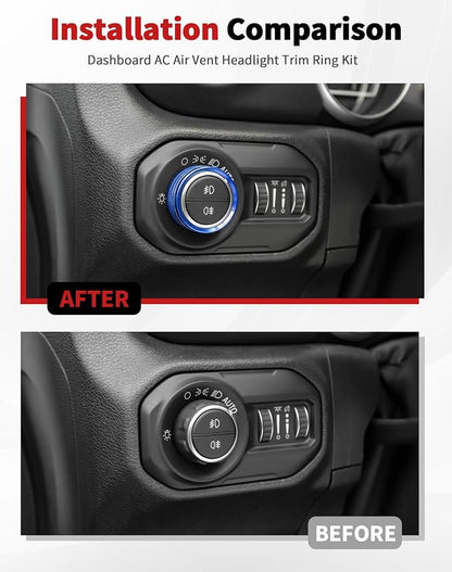 JWWY JL AC Air Vent Trim Rings & Dashboard Headlight Switch Decor Switch Knob Cover Kit Fit for 2018-2023 Jeep Wrangler JL JLU Interior Accessories, Aluminum Alloy 8PCS Blue