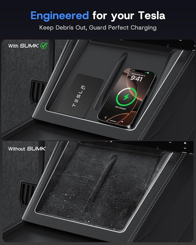 Center Console Organizer Tray for Tesla Model Y Juniper 2025 2026 (Premium & Performance) & Model 3 Highland, PC Material & Silent Silicone Armrest Storage Box Wireless Charging Pad Cup Holder