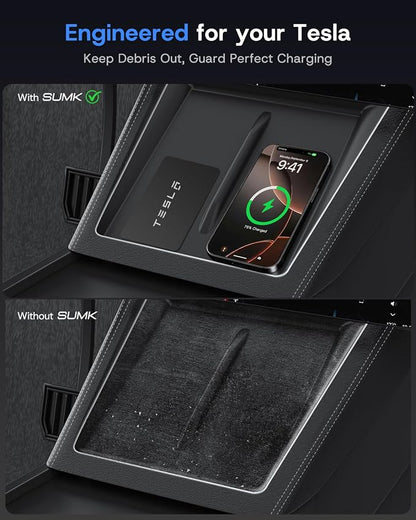 Center Console Organizer Tray for Tesla Model Y Juniper 2025 2026 (Premium & Performance) & Model 3 Highland, PC Material & Silent Silicone Armrest Storage Box Wireless Charging Pad Cup Holder