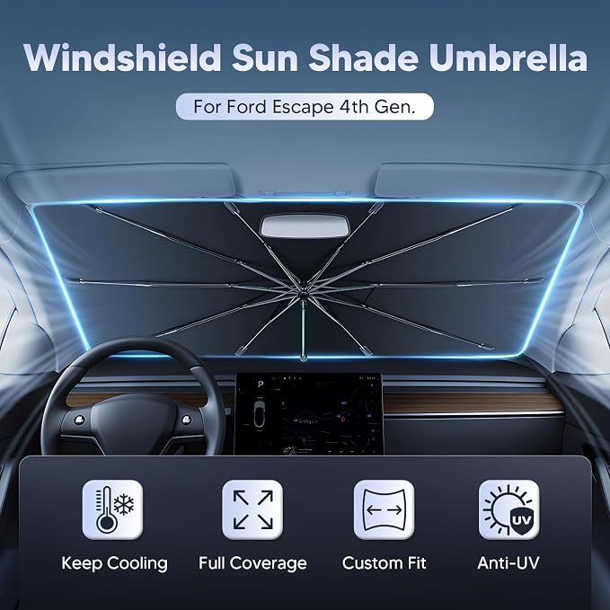 Autorder Windshield Sun Shade Umbrella for 2020-2025 2026 Ford Escape Accessories,Upgraded Ice Crystal Material,Easy Setup Umbrella Sunshade for Car Windshield,100% Sun Blocking