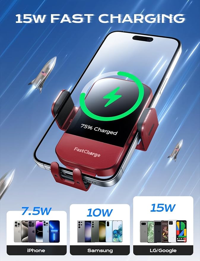 Wireless Car Charger, 15W Fast Charging Auto Clamping Car Charger Phone Mount Phone Holder fit for iPhone 15 14 13 12 11 Pro Max Xs, Samsung Galaxy S24 Ultra S23 S22 S21, S20, S10+, Red