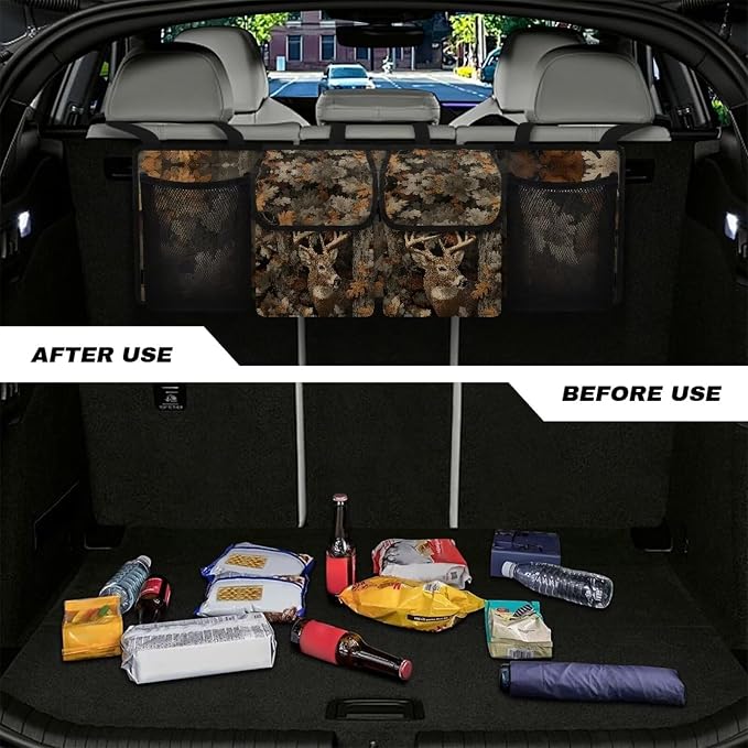 Deer Hanging Car Organizer Waterproof Collapsible Cars Storage Bag with 4 Pockets Space Saving Camo Forest Car Trunk Storage Organizer with Lid for Cars,SUV,Sedan