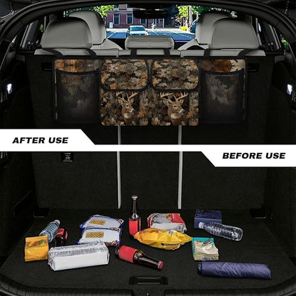 Deer Hanging Car Organizer Waterproof Collapsible Cars Storage Bag with 4 Pockets Space Saving Camo Forest Car Trunk Storage Organizer with Lid for Cars,SUV,Sedan